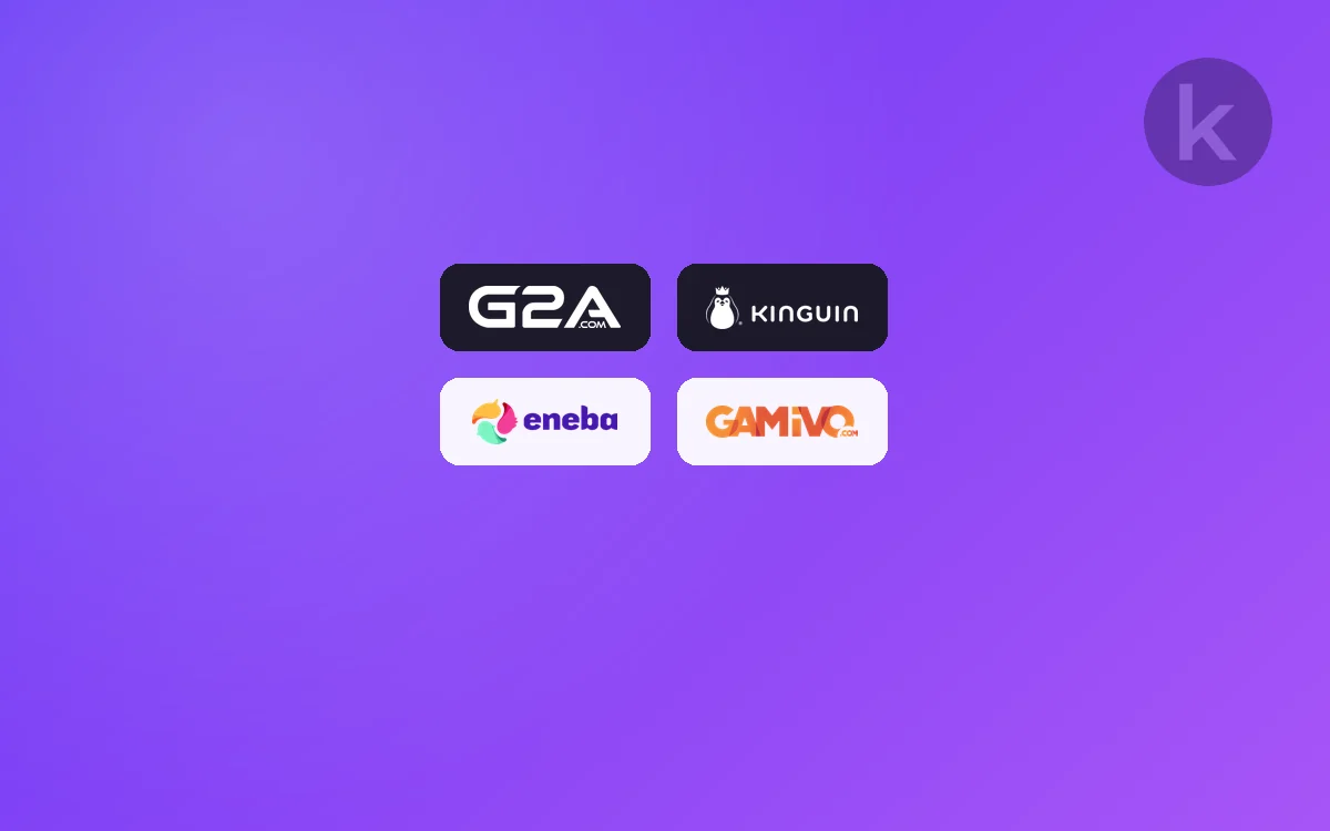 Logos of the G2A, Kinguin, Eneba and Gamivo game key marketplaces on a Keysender gradient, representing selling game keys across multiple marketplaces at once