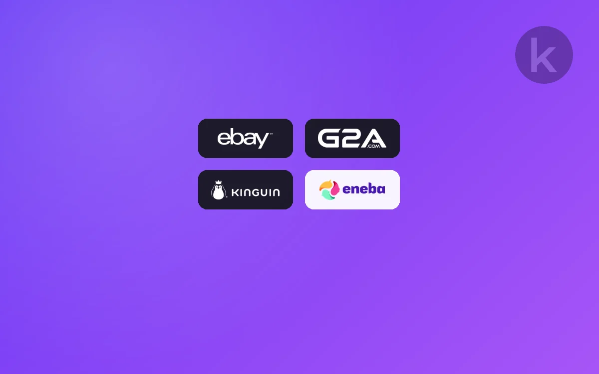 Logos of eBay, G2A, Kinguin and Eneba on a Keysender gradient, representing one stock pool sold across several marketplaces