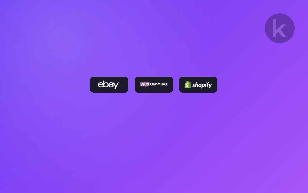 eBay, WooCommerce and Shopify logos on a Keysender gradient, representing selling video game keys across several storefronts from one stock pool