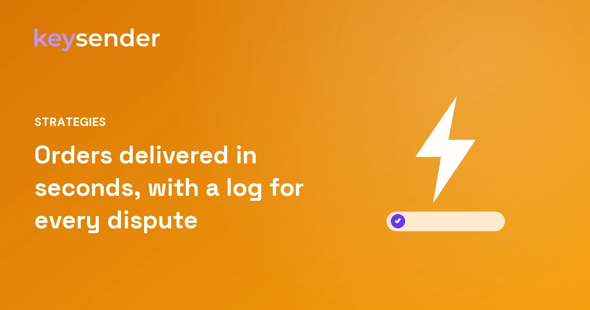 Lightning bolt over an order row, representing automatic delivery of marketplace orders with a delivery log