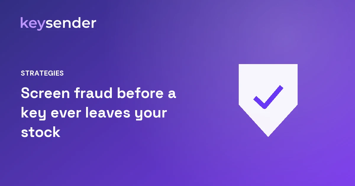 Shield with a checkmark, representing chargeback and fraud prevention screening on digital key sales