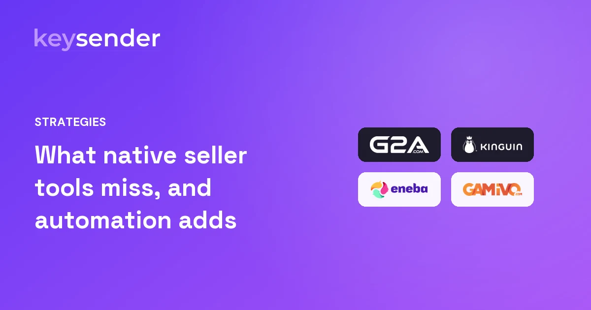 Logos of G2A, Kinguin, Eneba and Gamivo on a Keysender gradient, representing what each marketplace's native seller tools cover and what an automation layer adds