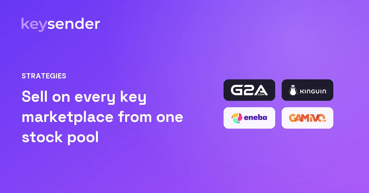 Logos of the G2A, Kinguin, Eneba and Gamivo game key marketplaces on a Keysender gradient, representing selling game keys across multiple marketplaces at once