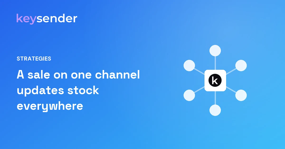 Central stock hub syncing to channel nodes, representing one stock pool that updates every marketplace after a sale