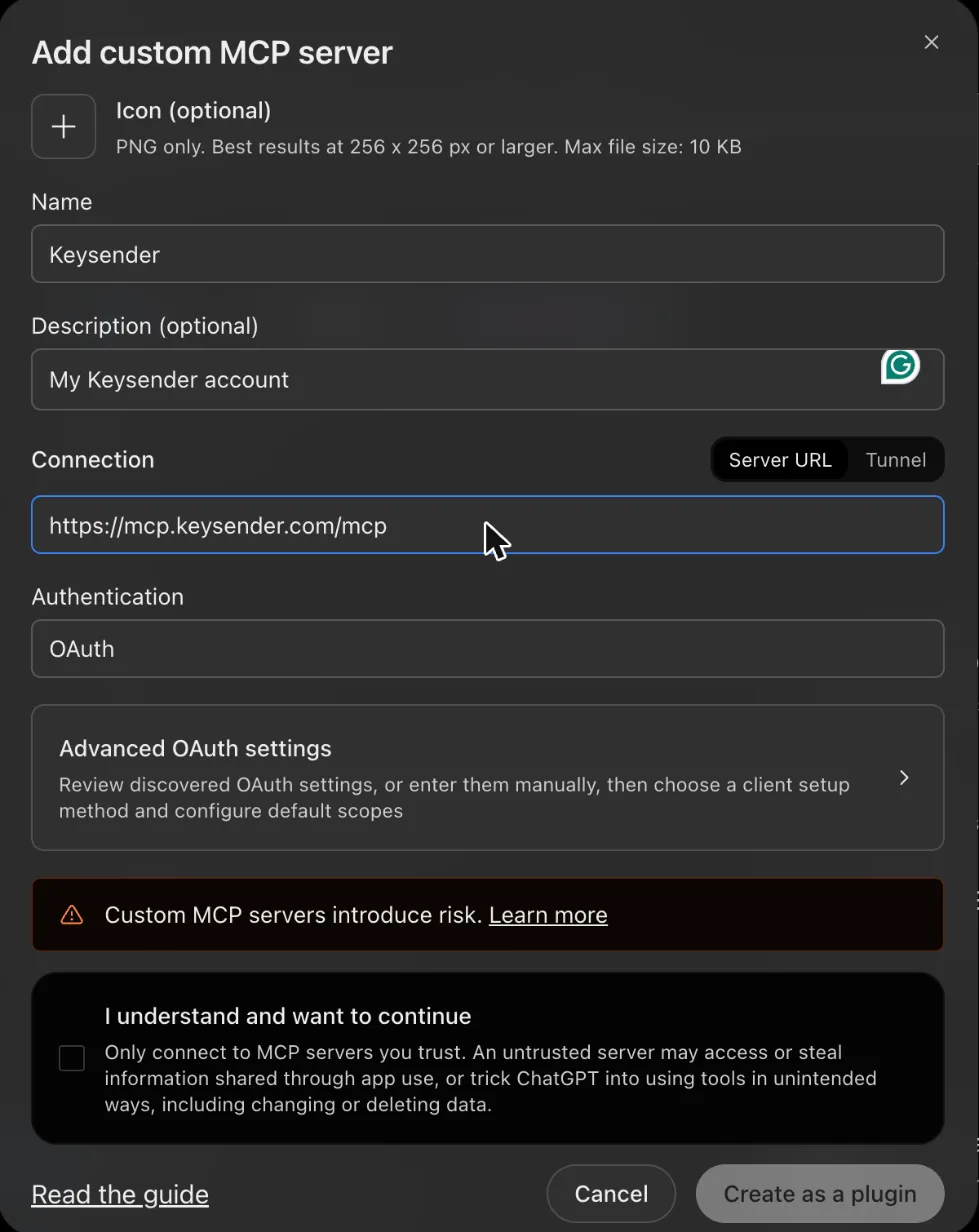 Add custom MCP server dialog with the name Keysender, the address https://mcp.keysender.com/mcp and OAuth filled in