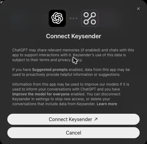 ChatGPT Connect Keysender window with the Connect Keysender and Cancel buttons