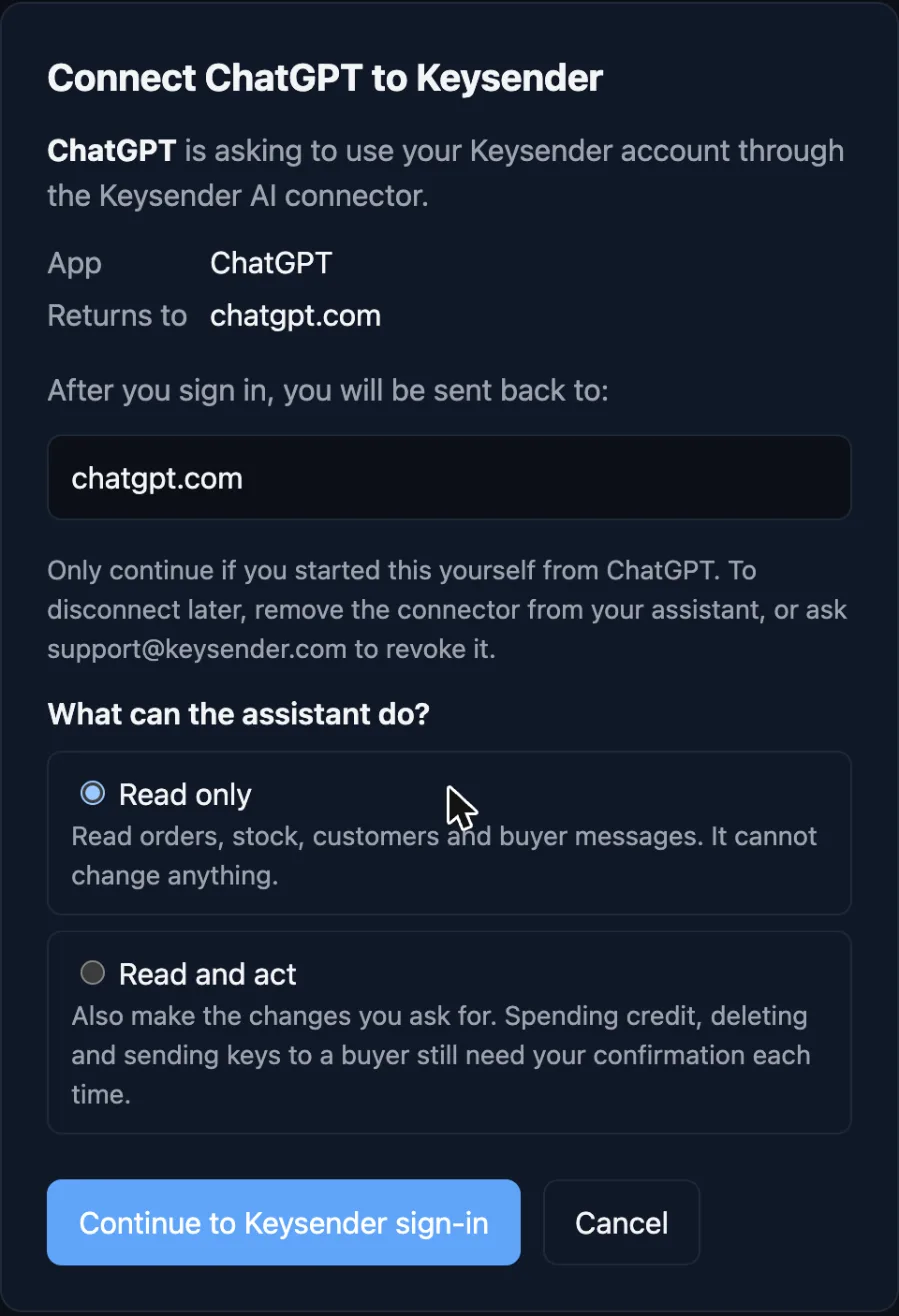 Keysender page Connect ChatGPT to Keysender with Read only selected and the Continue to Keysender sign-in button