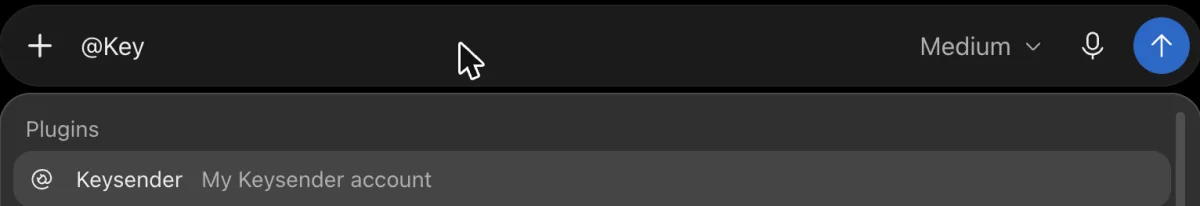 ChatGPT message box with @Key typed and Keysender listed under Plugins