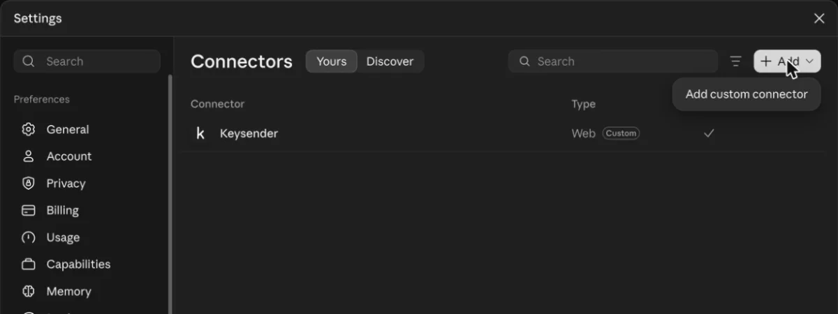 Claude Connectors page with the Add menu open and Add custom connector listed
