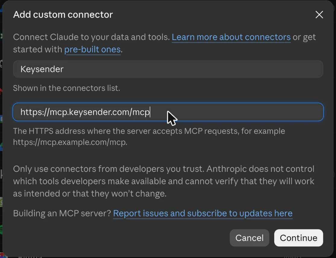Add custom connector dialog with the name Keysender and the address https://mcp.keysender.com/mcp filled in