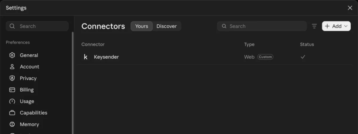 Claude Connectors page with Keysender listed as connected