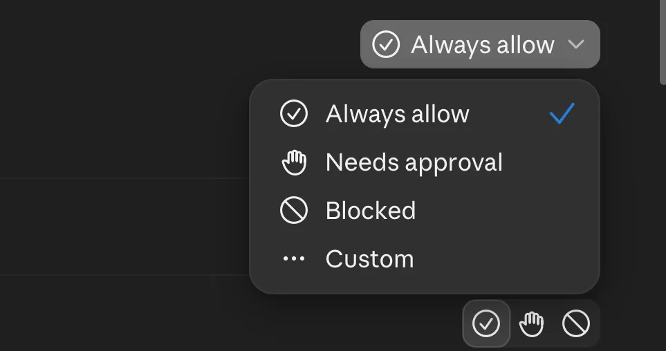 Claude permission menu with the options Always allow, Needs approval, Blocked and Custom