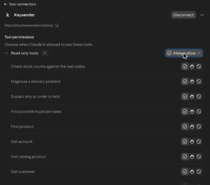 Keysender tool permissions in Claude with the read-only tools group and the write and delete tools group each set to Always allow