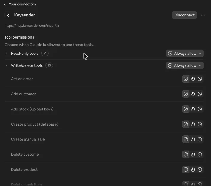 Keysender write and delete tools listed one by one, each with Always allow, Needs approval and Blocked buttons