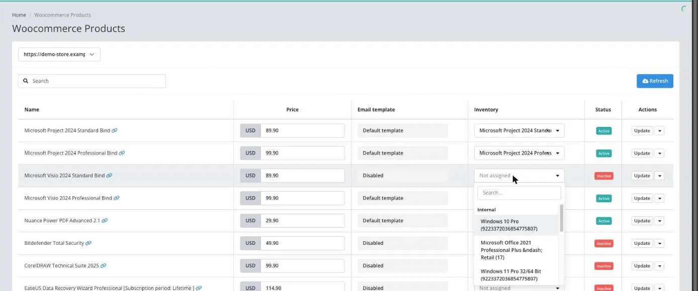 Inventory list open on a product row, Not assigned selected