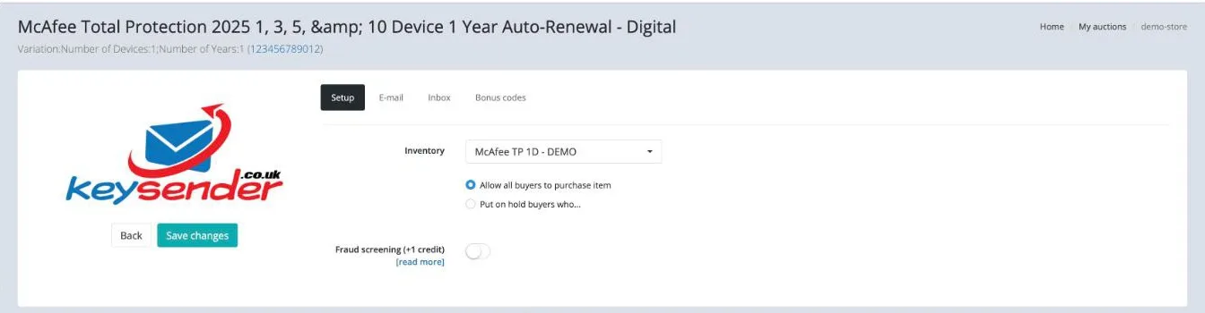 eBay listing details with the Inventory list