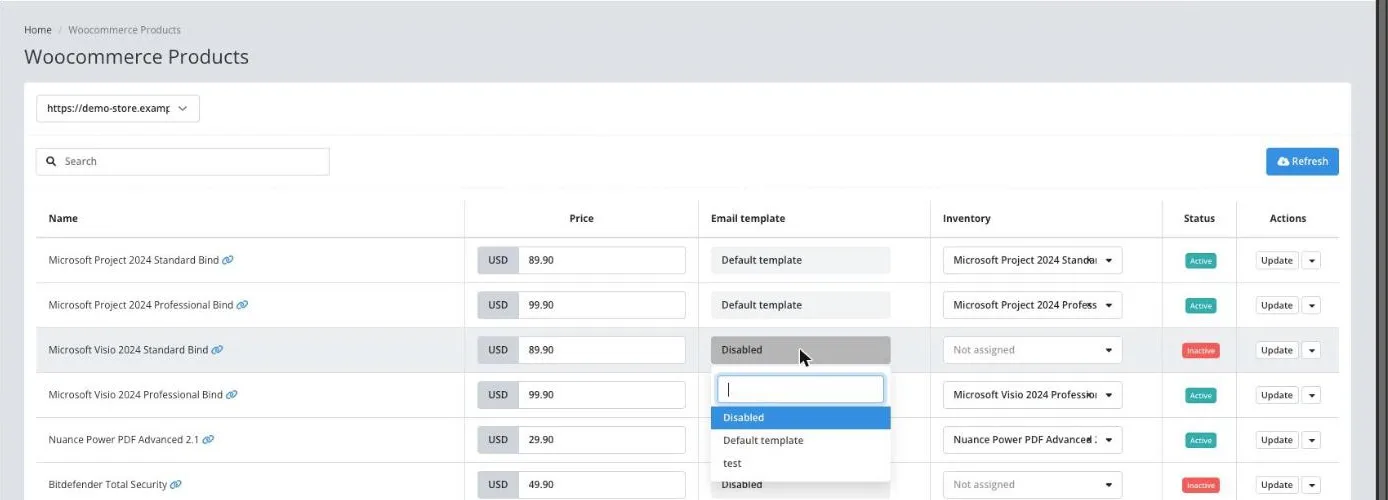 WooCommerce Products with the Email template list open