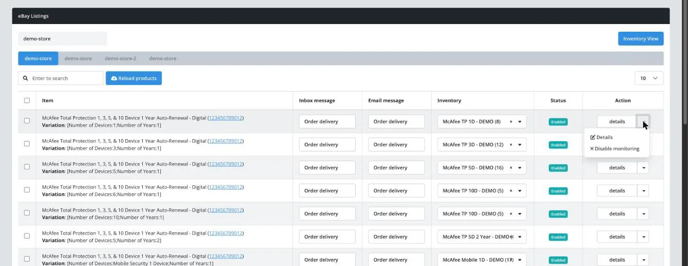 eBay listings with the row action menu open