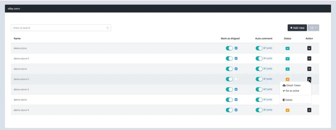 eBay users with the Status column and the OAuth Token menu item