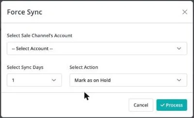 Force Sync dialog with the sale channel account list