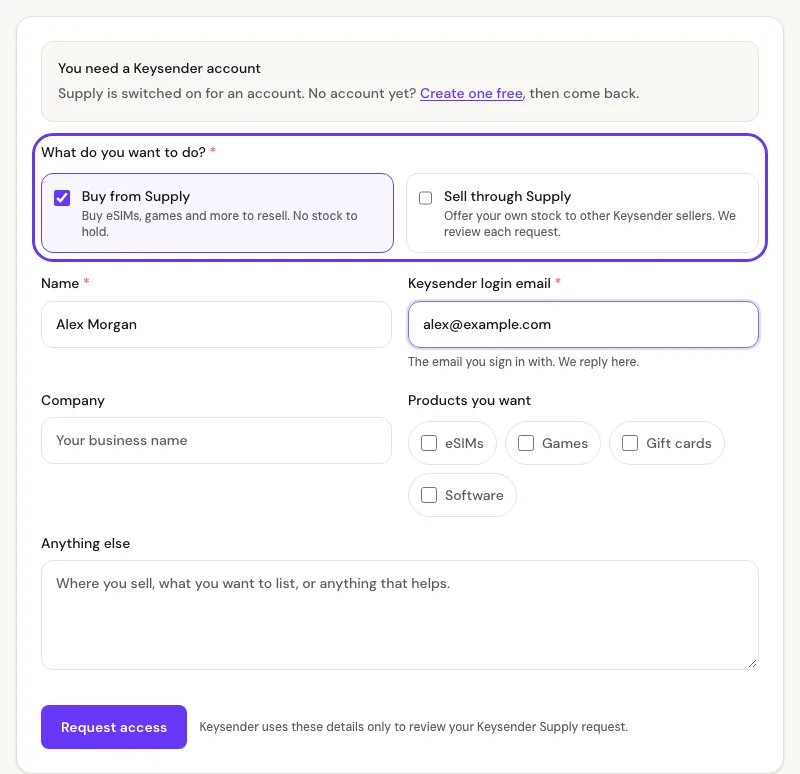 Supply access request form with the Buy from Supply and Sell through Supply boxes first, then name and Keysender login email