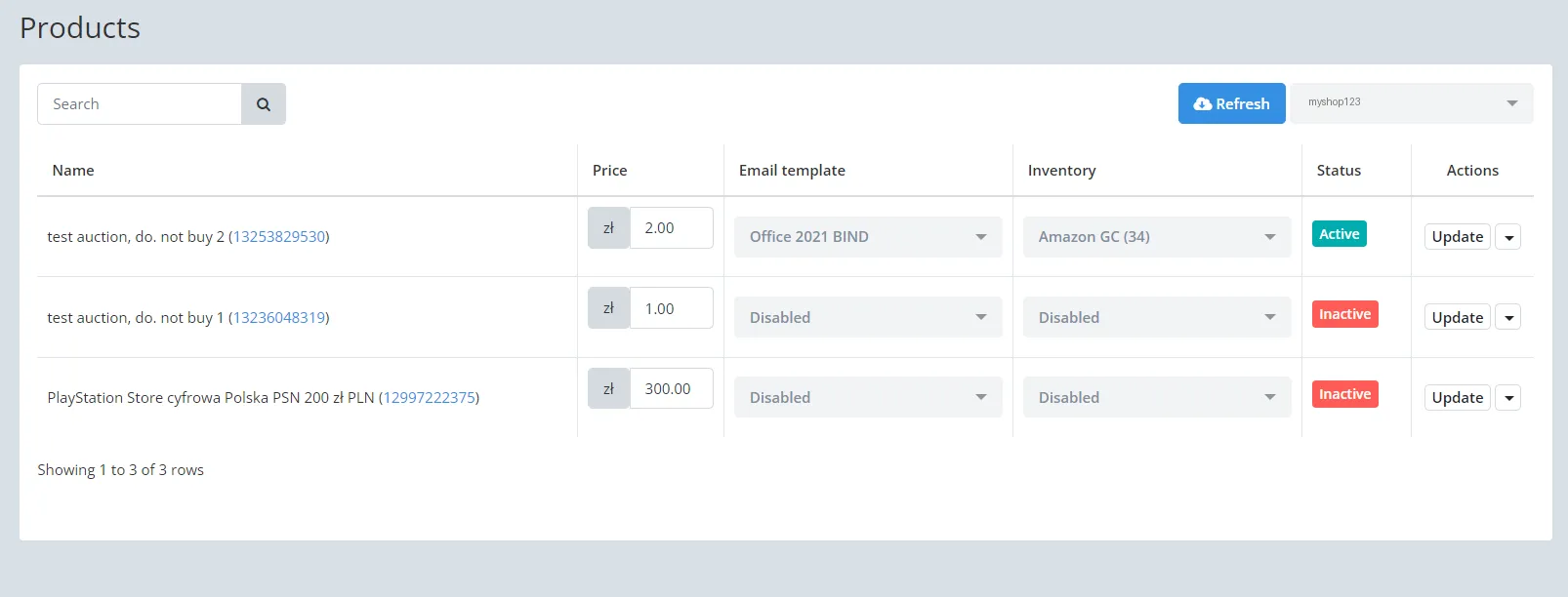 Setting the email template and inventory for an Allegro product in Keysender