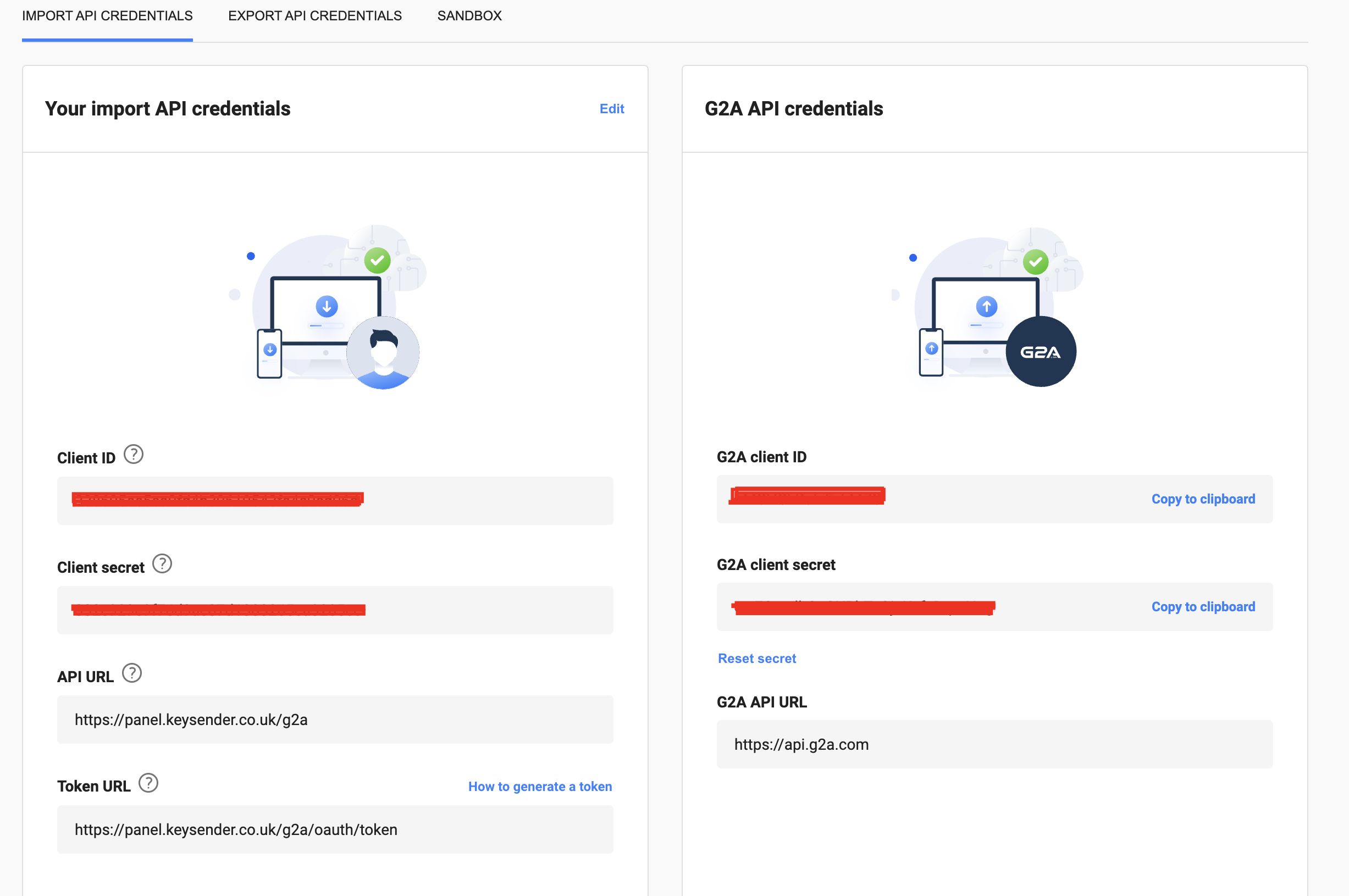 G2A API Credentials 部分显示 Client ID 和 Secret