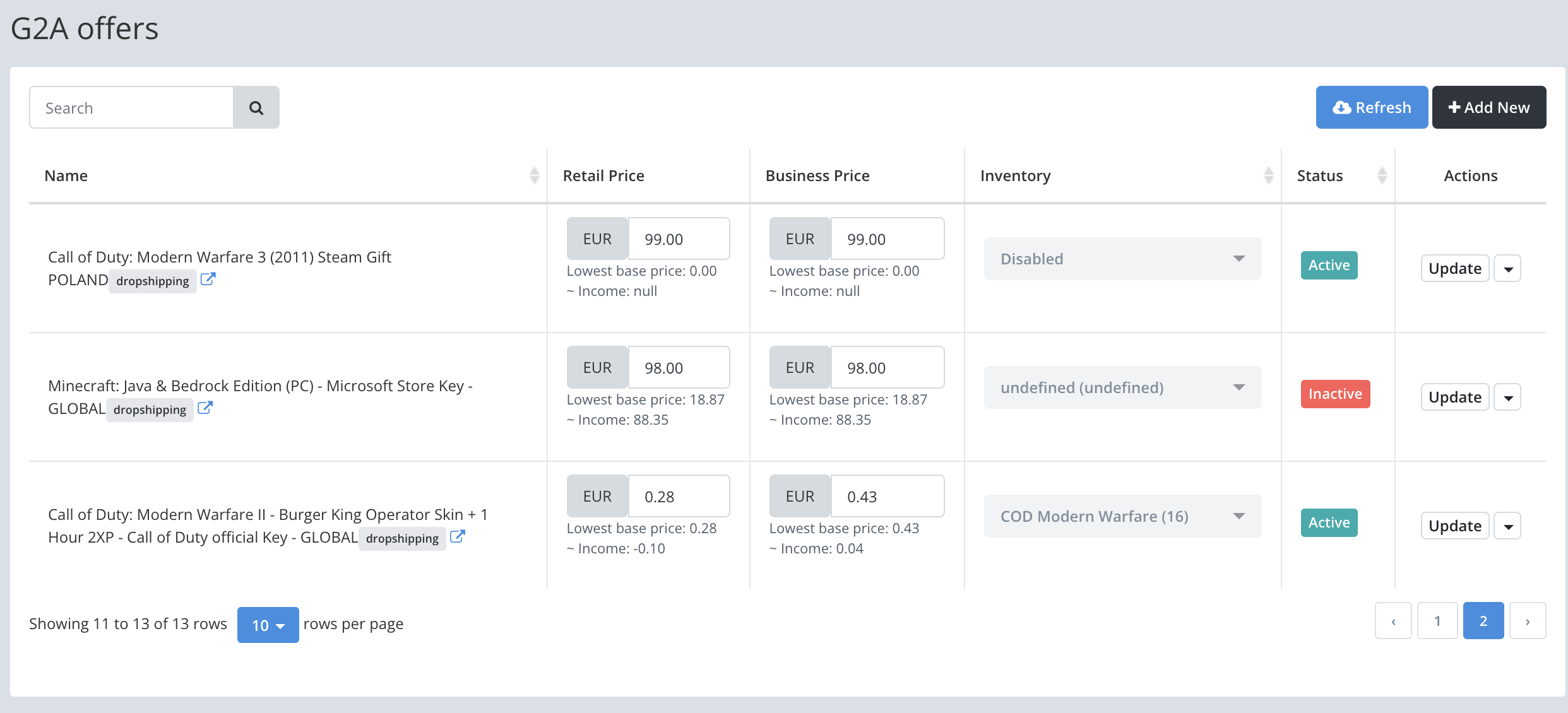 Keysender Product 视图中显示的 G2A 挂牌