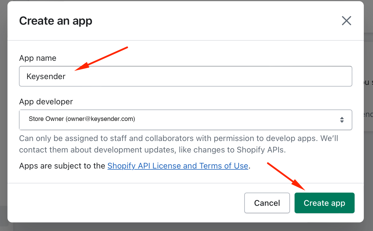 Naming the app Keysender in the Create an app dialogue
