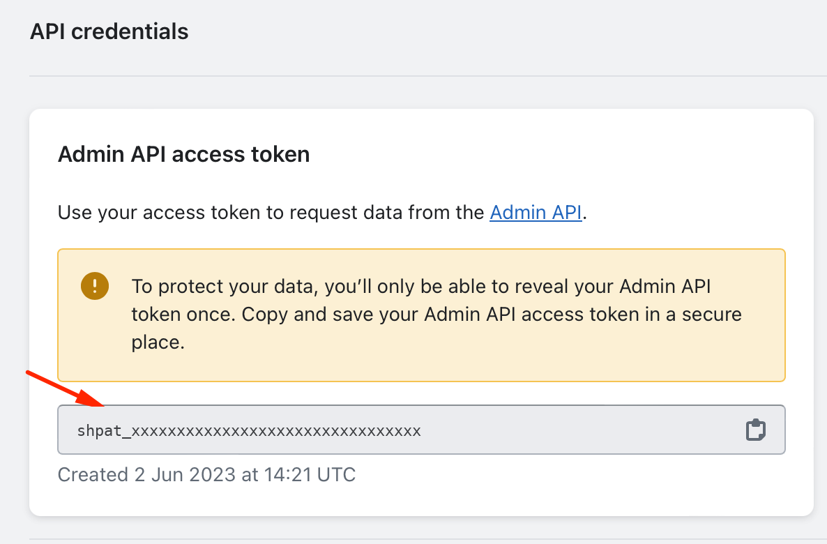 Admin API access token shown in the API credentials section