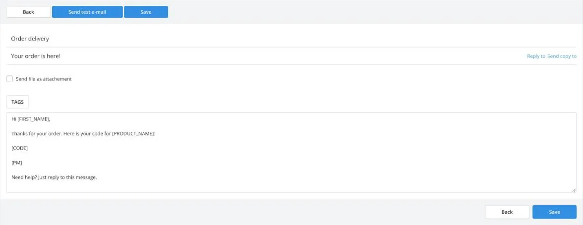 Template editor with [CODE] and [PM] in the message