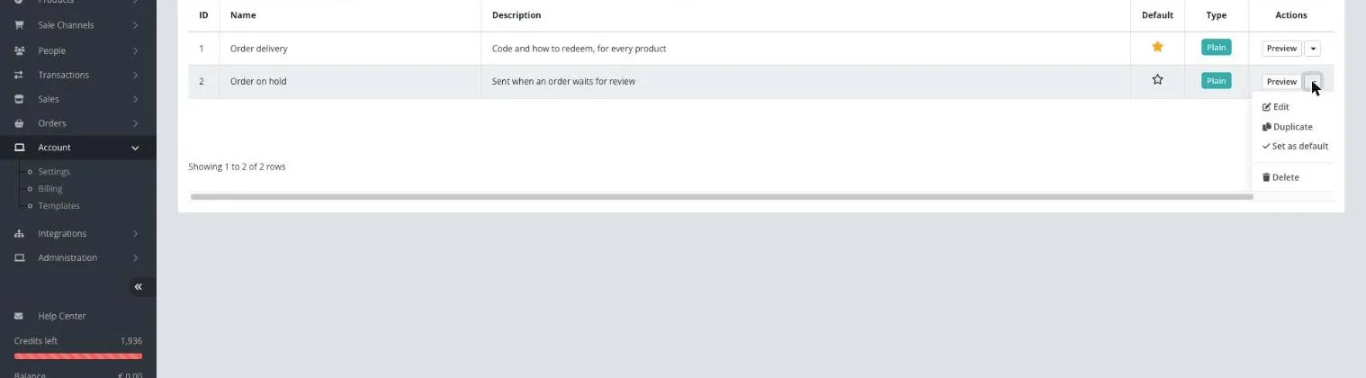 Template row menu with Set as default